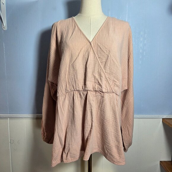 Ava & Viv 1X Light Pinky Peach V Neck Waffle Knit Longsleeve Fall Blouse - Picture 1 of 10